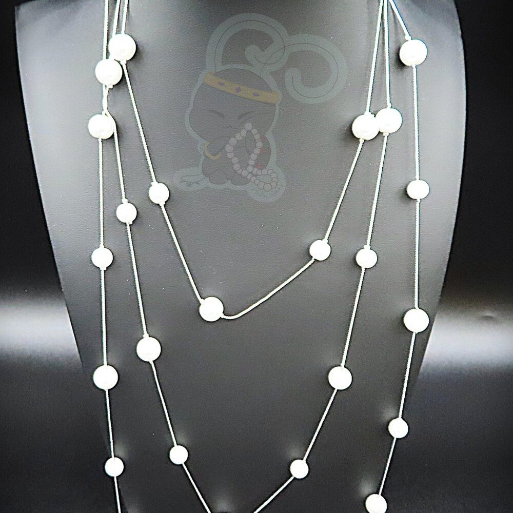 Long Strand Faux Pearl Silver Tone Necklace